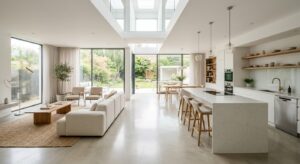 A bright, airy, and modern open-plan living room and kitchen area featuring neutral tones, reflectiv