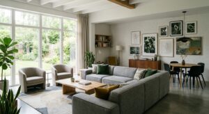 A professional, editorial-style interior design shot of a bright, open-concept living area featuring