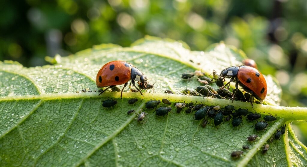 A professional macro photograph of a vibrant green garden leaf showing natural ladybugs predating on
