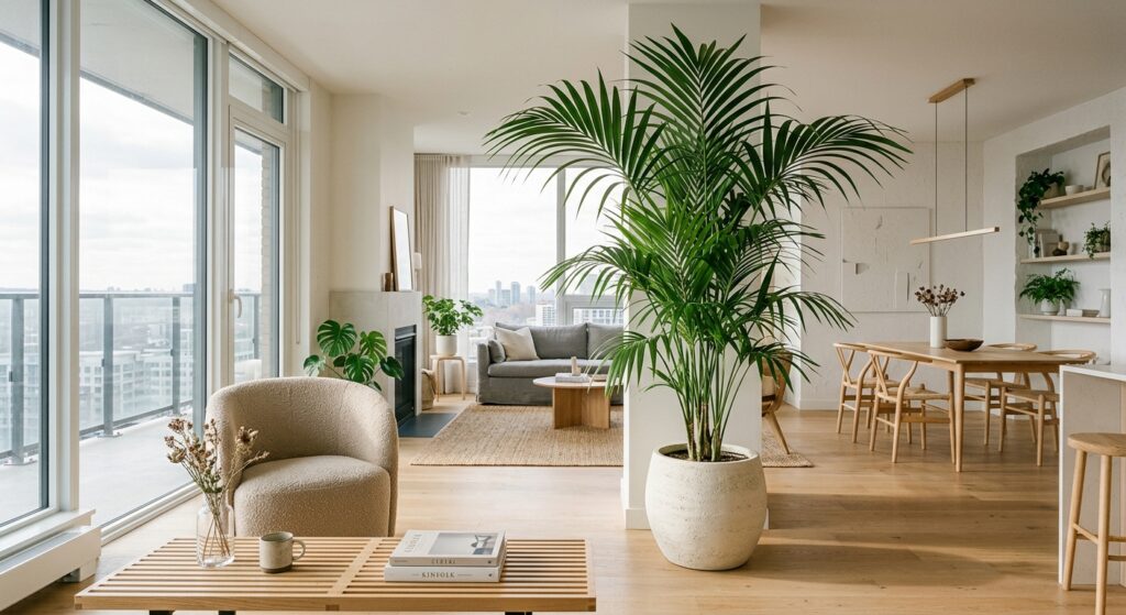 A high-end editorial photograph of a lush, vibrant exotic palm tree in a stylish, sunlit modern apar