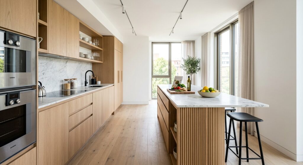 A bright, high-end editorial photo of a slim kitchen featuring a minimalist kitchen island perfectly
