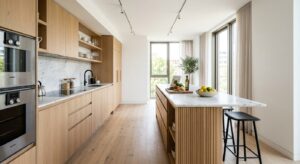 A bright, high-end editorial photo of a slim kitchen featuring a minimalist kitchen island perfectly