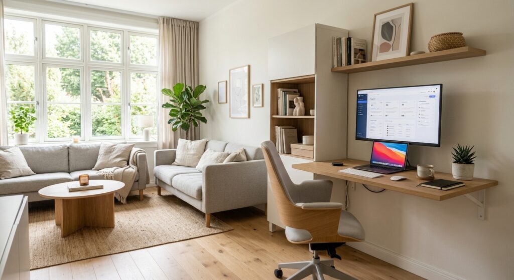 A professional, modern, and space-saving home office setup integrated into a small, stylishly decora