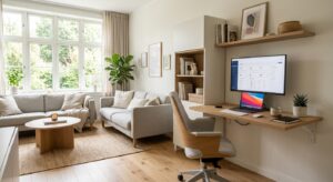 A professional, modern, and space-saving home office setup integrated into a small, stylishly decora
