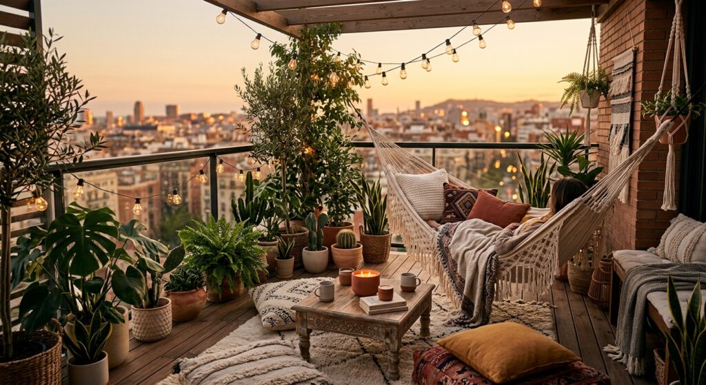 A cozy, modern apartment balcony transformed into a serene relaxation zone with plush bohemian furni