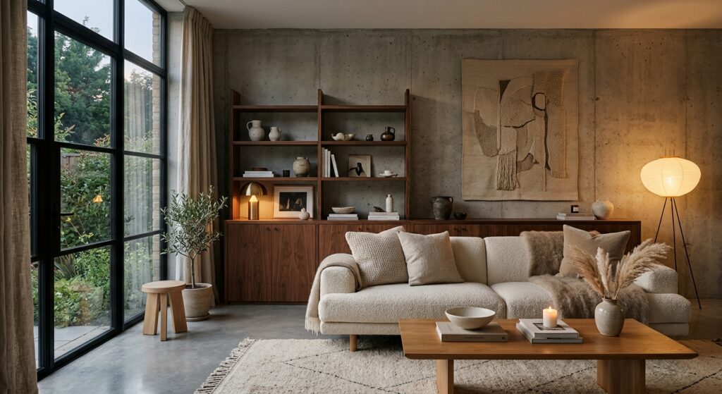 A high-end editorial interior design shot featuring a minimalist raw concrete wall softened by warm