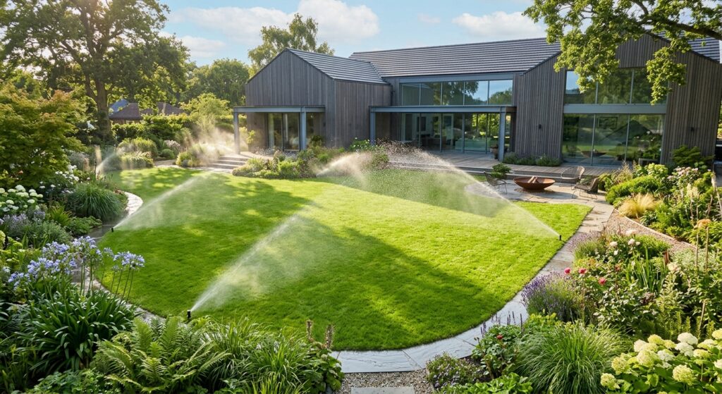 A high-angle professional editorial shot of a lush, vibrant green lawn with an automated sprinkler s