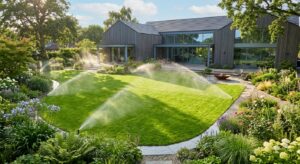 A high-angle professional editorial shot of a lush, vibrant green lawn with an automated sprinkler s