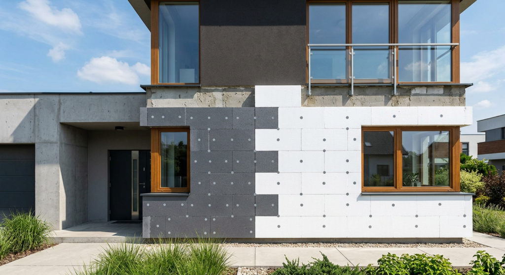 A professional architectural photograph showing a side-by-side comparison of white and graphite poly