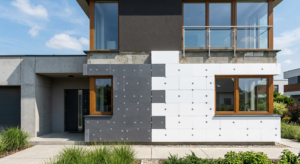 A professional architectural photograph showing a side-by-side comparison of white and graphite poly