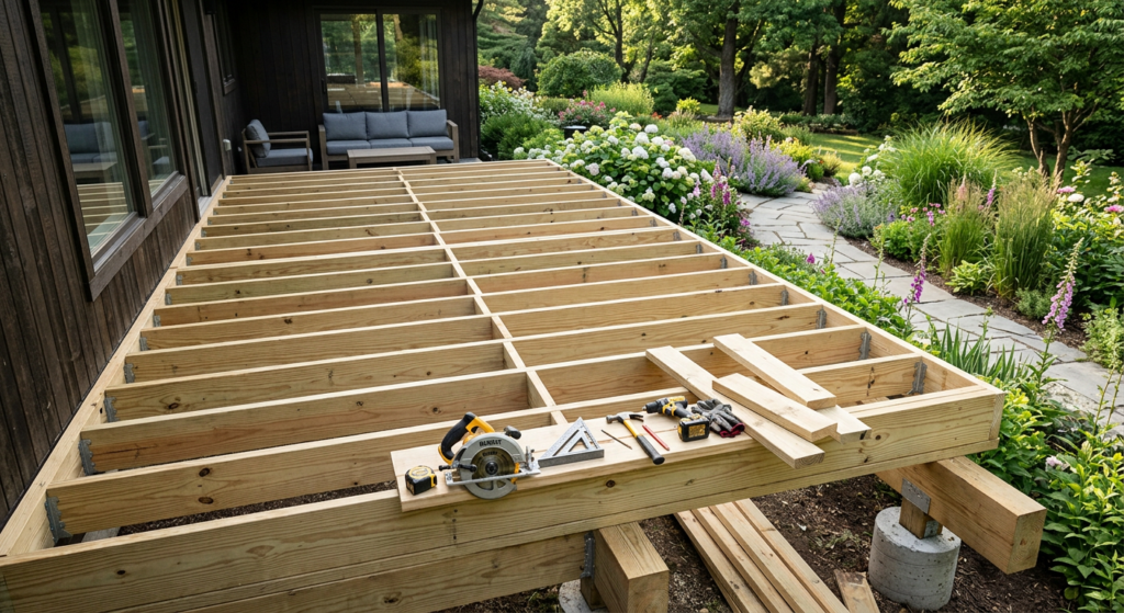 A high-angle, professional editorial shot of a wooden deck under construction, showing precision-ali
