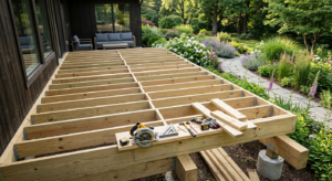 A high-angle, professional editorial shot of a wooden deck under construction, showing precision-ali