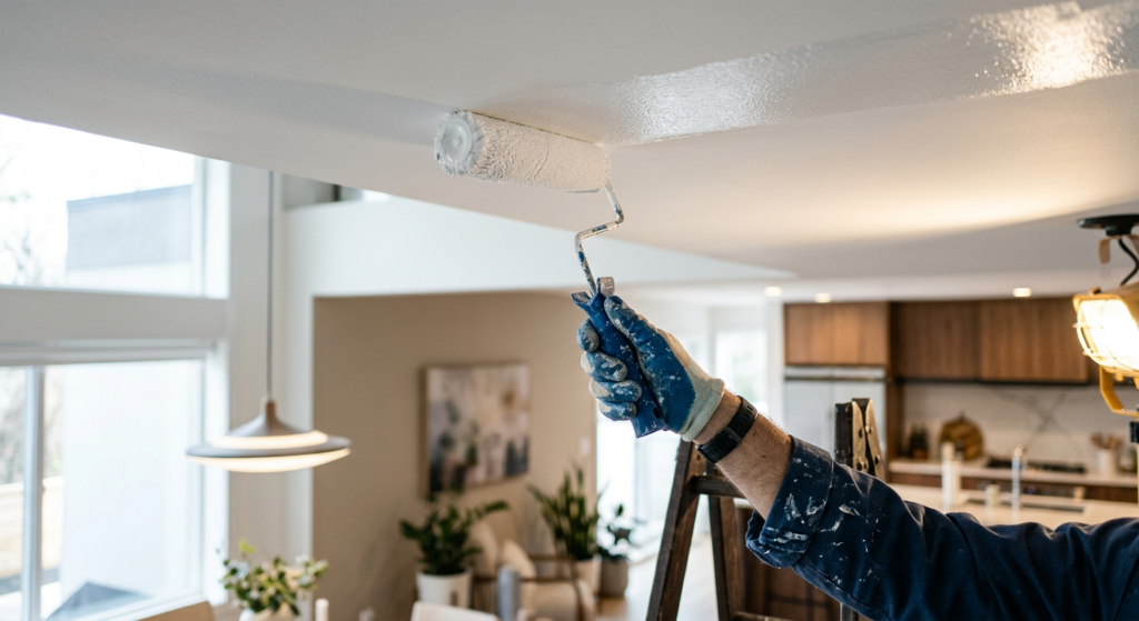 A professional editorial-style shot of a painter's hand using a roller to paint a white ceiling, fea