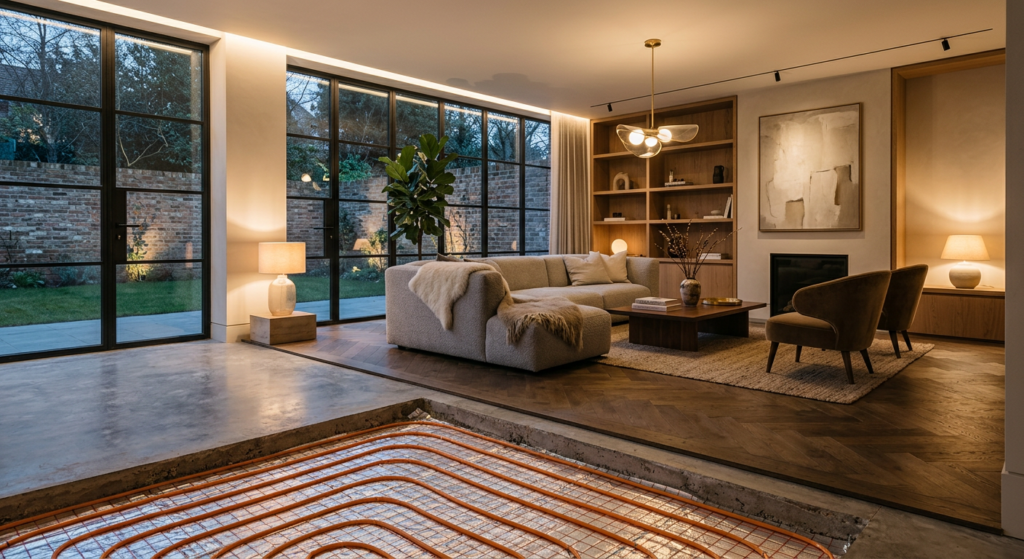 A high-end, editorial-style interior shot showing a modern living room with visible floor heating in