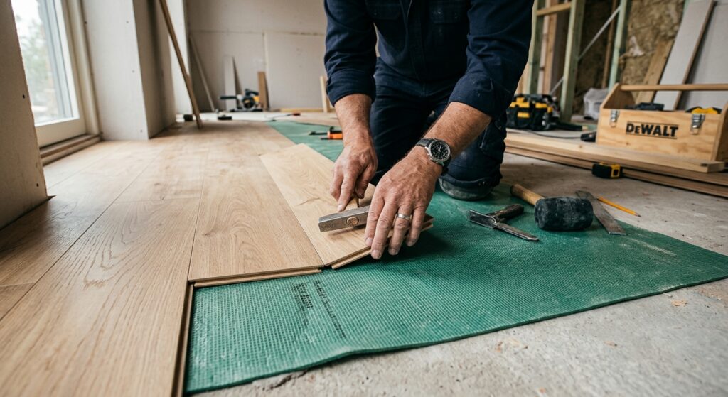 A professional, high-angle close-up shot of a craftsman's hands carefully installing laminate floori