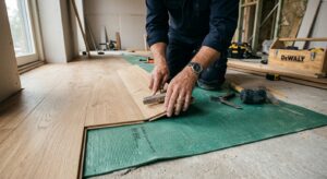 A professional, high-angle close-up shot of a craftsman's hands carefully installing laminate floori
