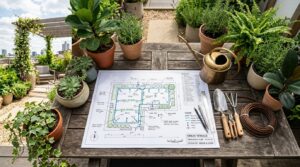 A high-angle editorial photograph of a professional garden irrigation design plan laid out on a wood