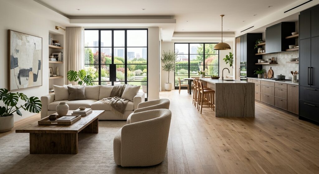 A high-end, editorial-style interior photograph of a spacious open-concept living room blending seam