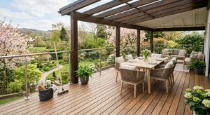 A high-angle, professional editorial shot of a pristine, modern covered terrace with clean wooden de