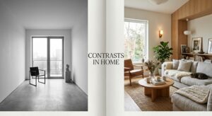 A high-end interior design editorial photograph featuring a split-composition layout that contrasts