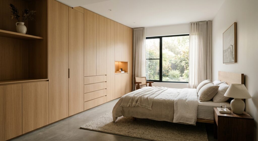 A professional, high-end editorial shot of a minimalist bedroom featuring seamless, floor-to-ceiling