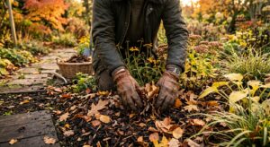 A high-angle, professional editorial shot of a gardener’s hands gently covering perennial garden pla