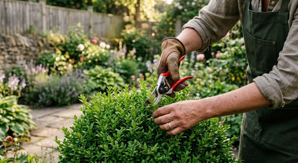 A professional editorial shot of a gardener’s hands using high-quality pruning shears to carefully t