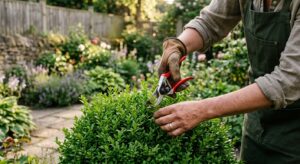 A professional editorial shot of a gardener’s hands using high-quality pruning shears to carefully t